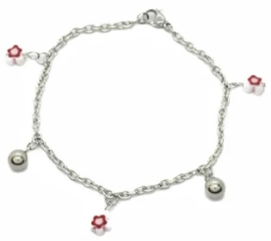 Pulsera de Acero Quirurgico eslabon tiff con bolitas y flor murano blanca roja 18cm